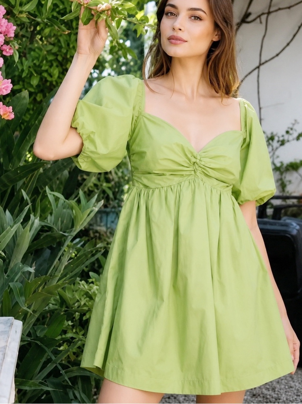 En Saison Poplin Chartreuse Puff Sleeve Babydoll Dress XS Coquette Cottagecore